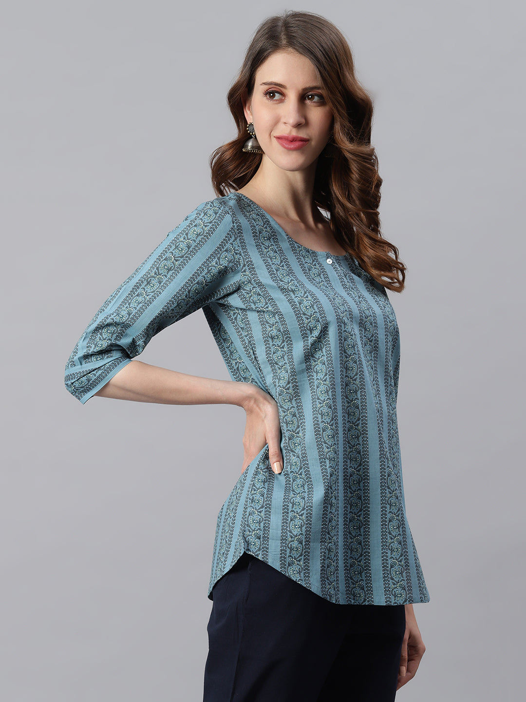 Janasya Women's Blue Cotton Floral Print Straight Tunic - Distacart