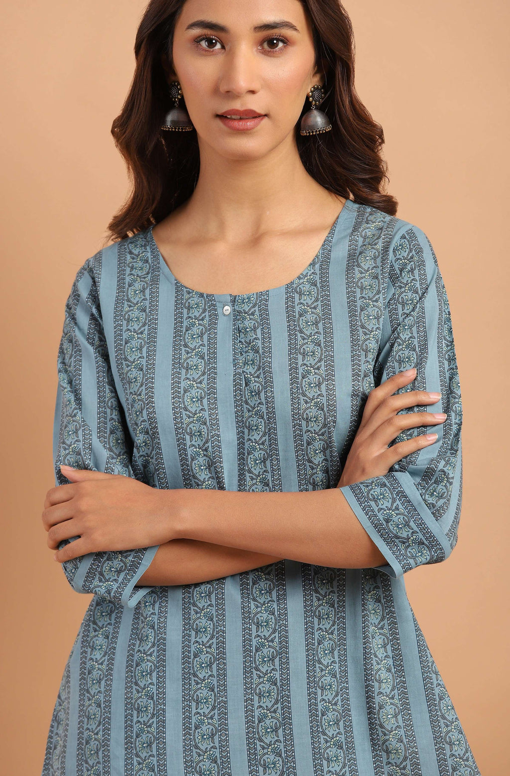Janasya Women's Blue Cotton Floral Print Straight Tunic - Distacart