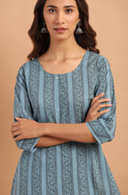 Janasya Women's Blue Cotton Floral Print Straight Tunic - Distacart