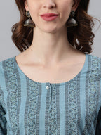 Janasya Women's Blue Cotton Floral Print Straight Tunic - Distacart