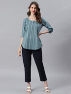 Janasya Women's Blue Cotton Floral Print Straight Tunic - Distacart