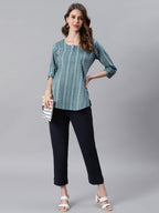 Janasya Women's Blue Cotton Floral Print Straight Tunic - Distacart
