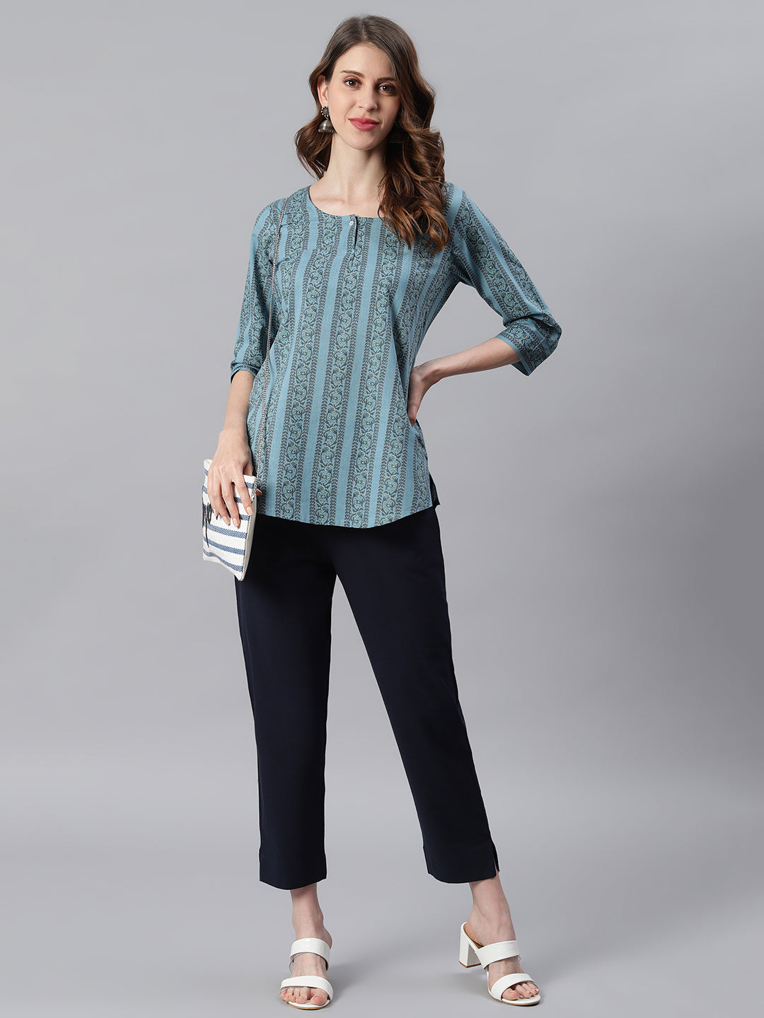 Janasya Women's Blue Cotton Floral Print Straight Tunic - Distacart