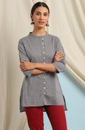Janasya Women's Grey Cotton Striped High Low Tunic - Distacart
