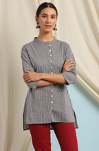 Janasya Women's Grey Cotton Striped High Low Tunic - Distacart