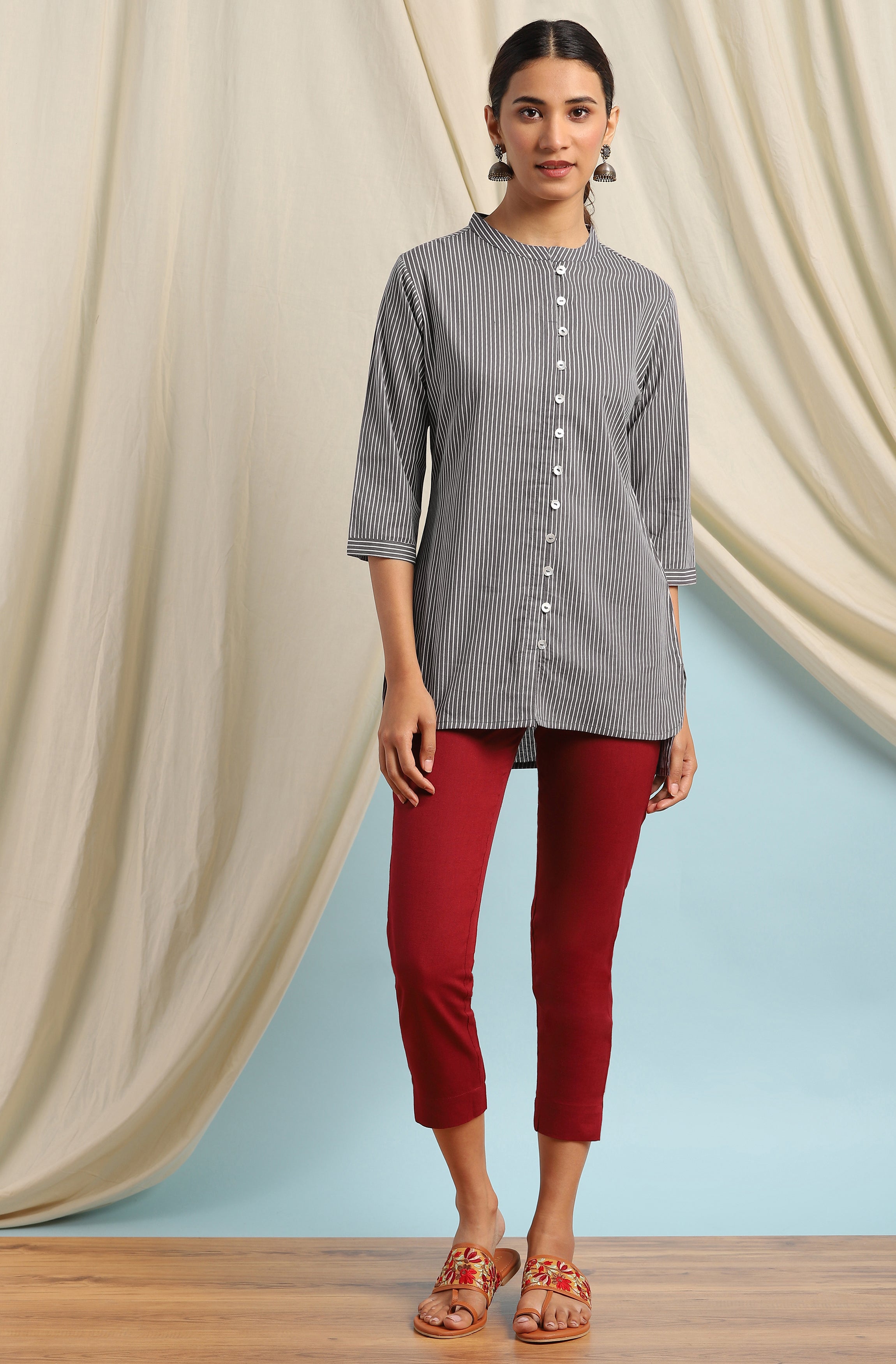 Janasya Women's Grey Cotton Striped High Low Tunic - Distacart