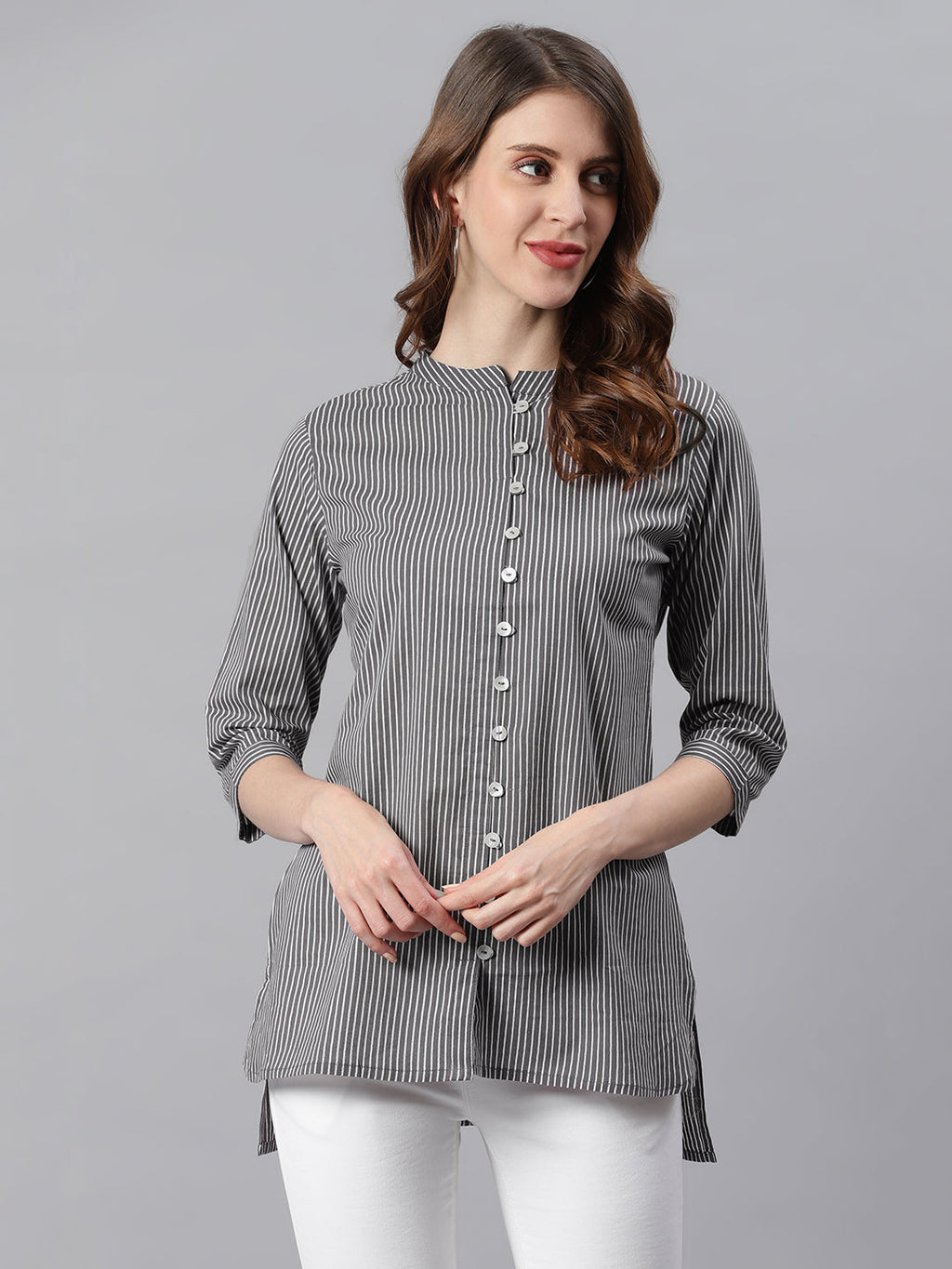 Janasya Women's Grey Cotton Striped High Low Tunic - Distacart