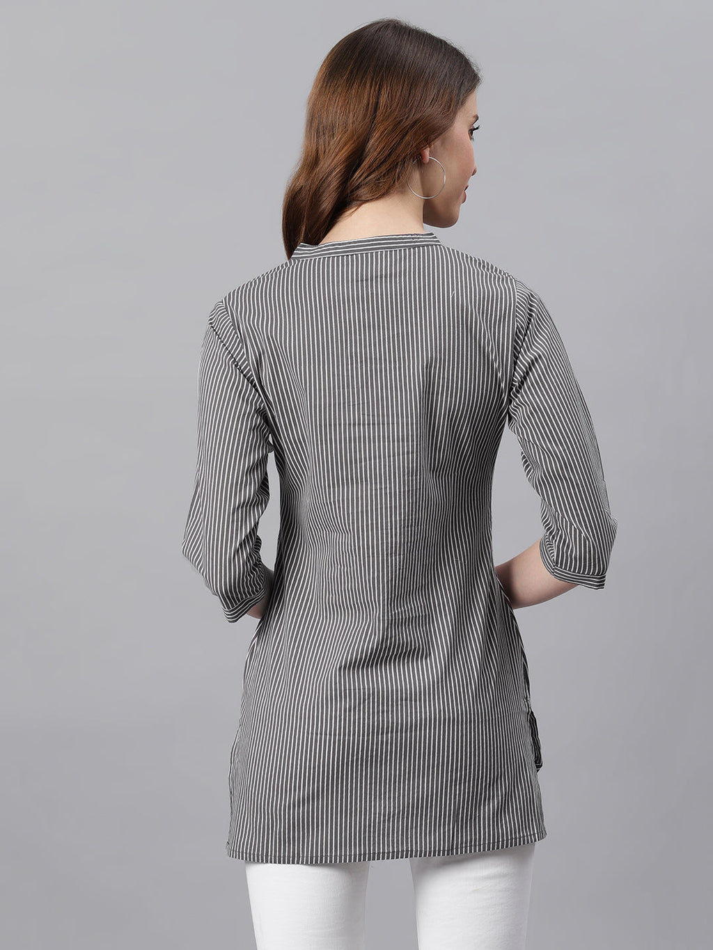 Janasya Women's Grey Cotton Striped High Low Tunic - Distacart
