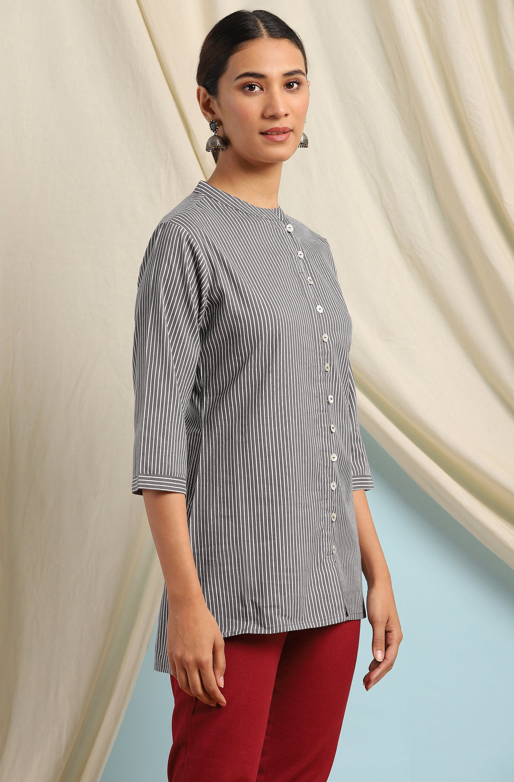 Janasya Women's Grey Cotton Striped High Low Tunic - Distacart