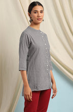 Janasya Women's Grey Cotton Striped High Low Tunic - Distacart