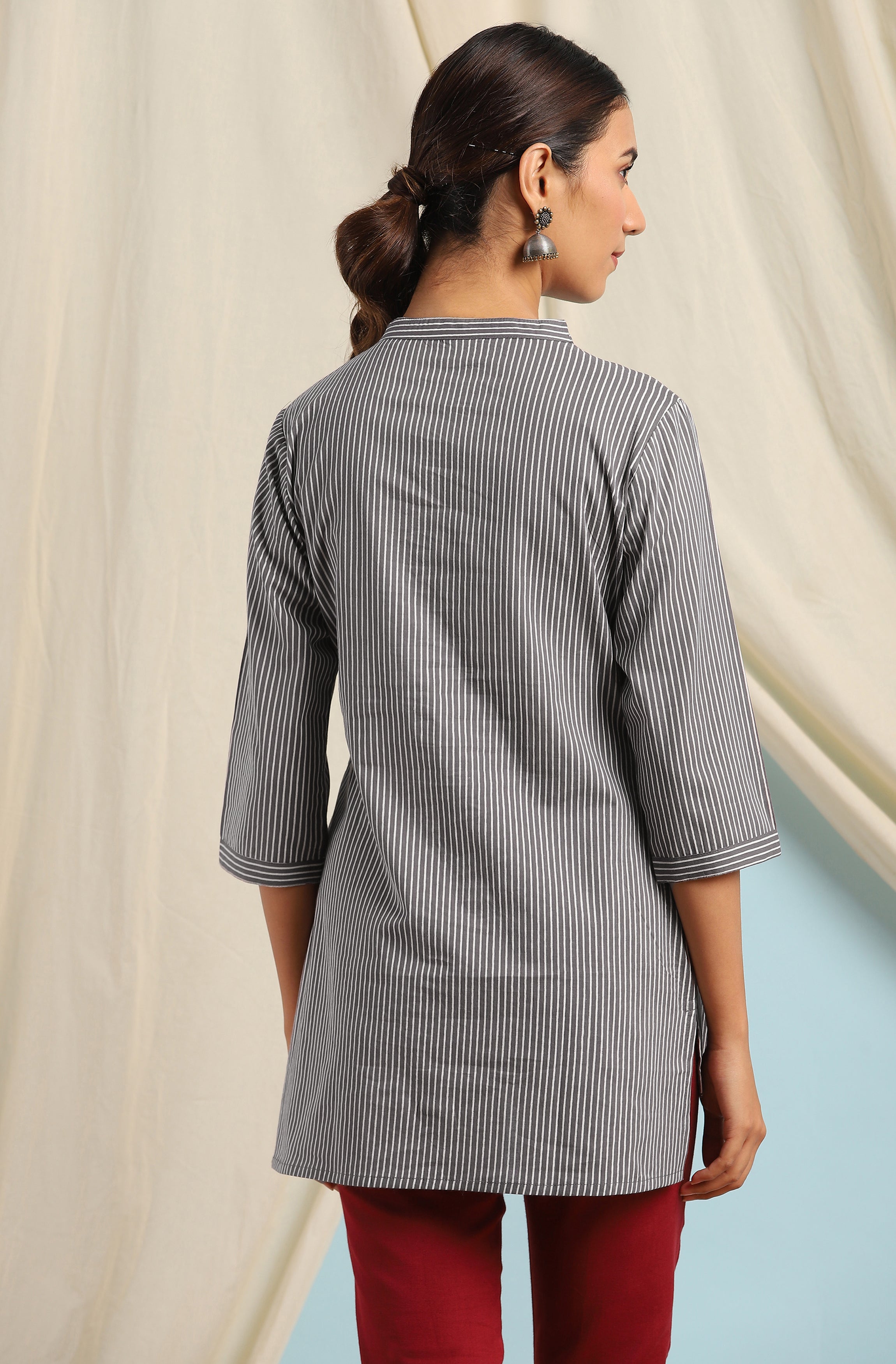 Janasya Women's Grey Cotton Striped High Low Tunic - Distacart