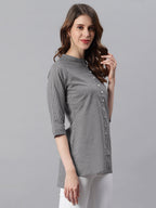 Janasya Women's Grey Cotton Striped High Low Tunic - Distacart