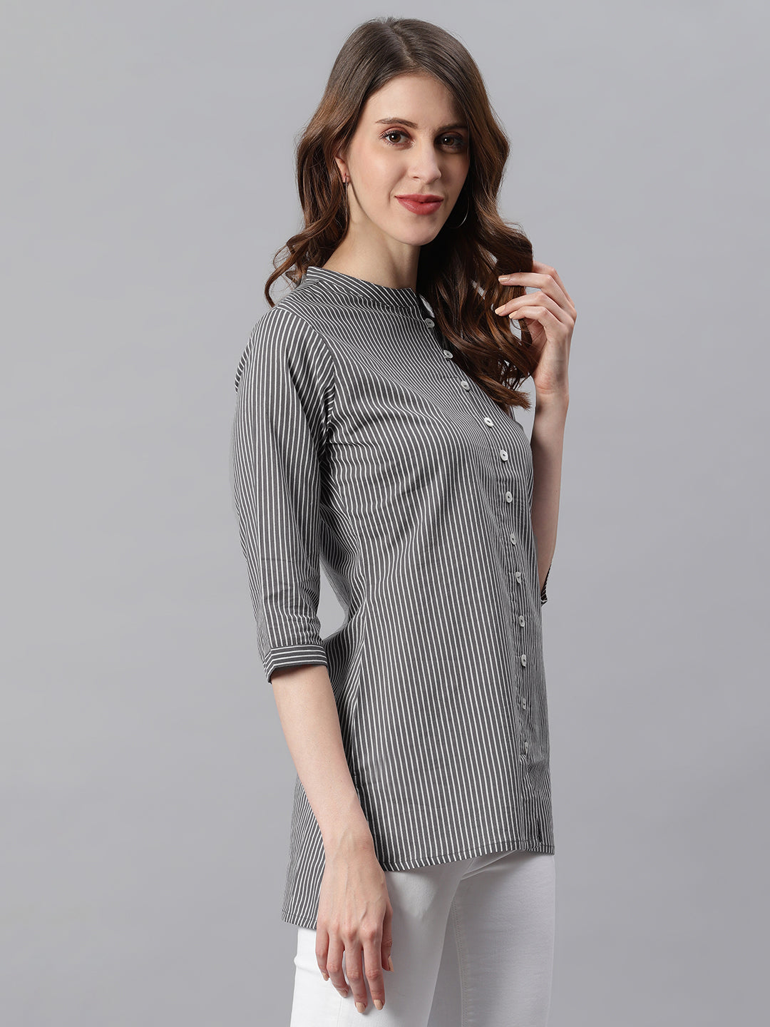 Janasya Women's Grey Cotton Striped High Low Tunic - Distacart