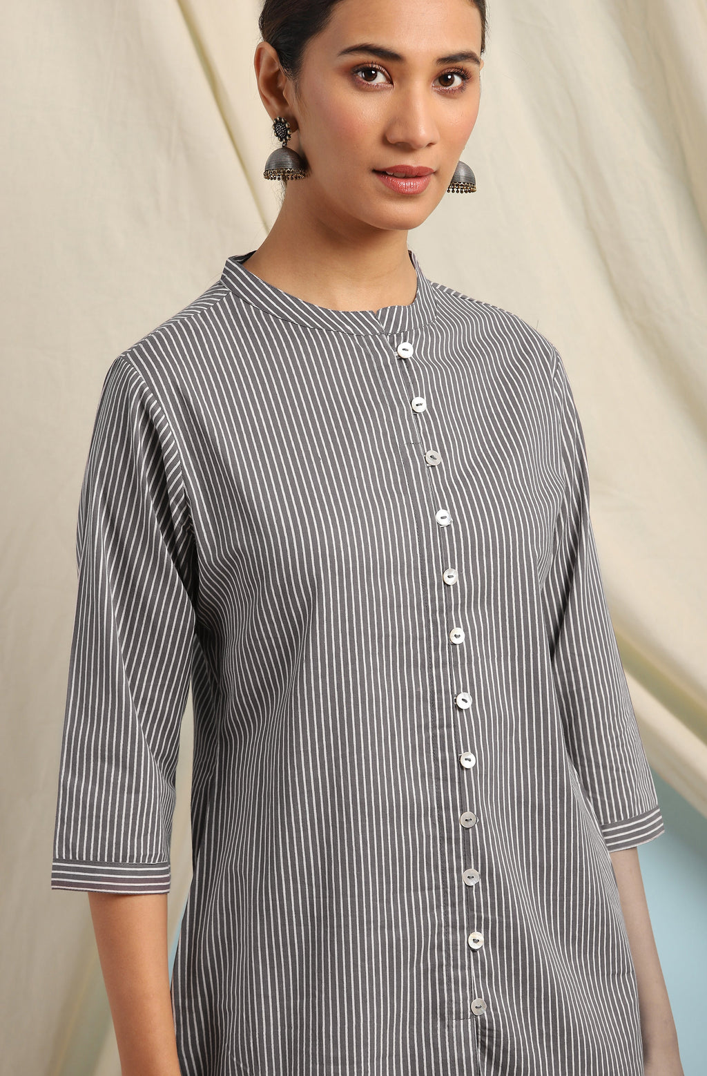 Janasya Women's Grey Cotton Striped High Low Tunic - Distacart