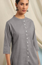 Janasya Women's Grey Cotton Striped High Low Tunic - Distacart
