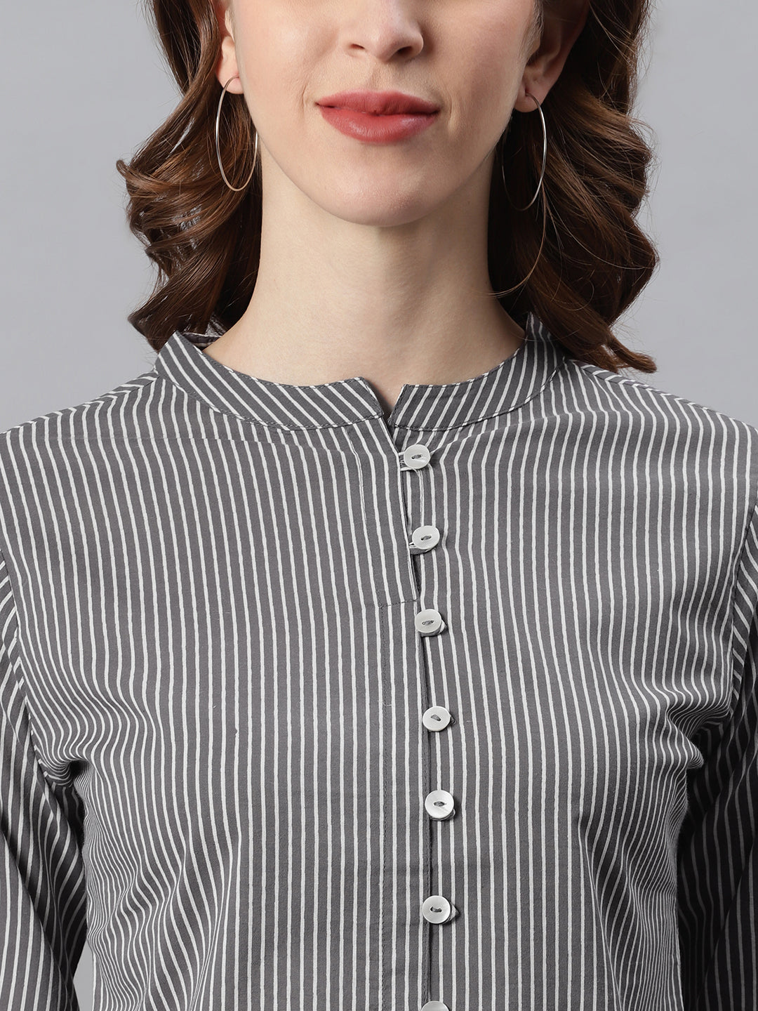 Janasya Women's Grey Cotton Striped High Low Tunic - Distacart