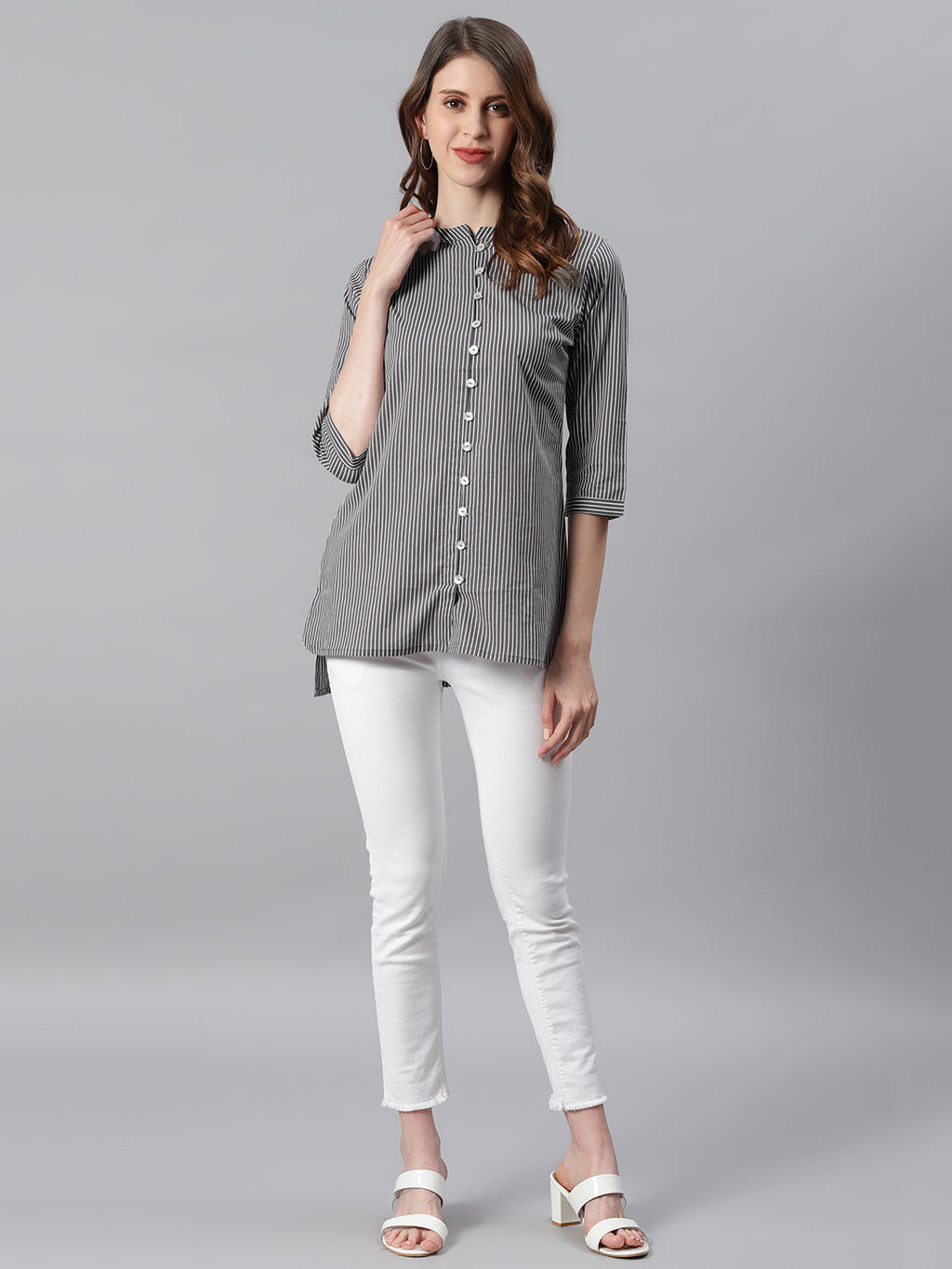 Janasya Women's Grey Cotton Striped High Low Tunic - Distacart