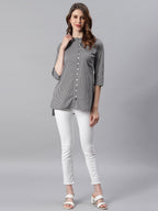 Janasya Women's Grey Cotton Striped High Low Tunic - Distacart