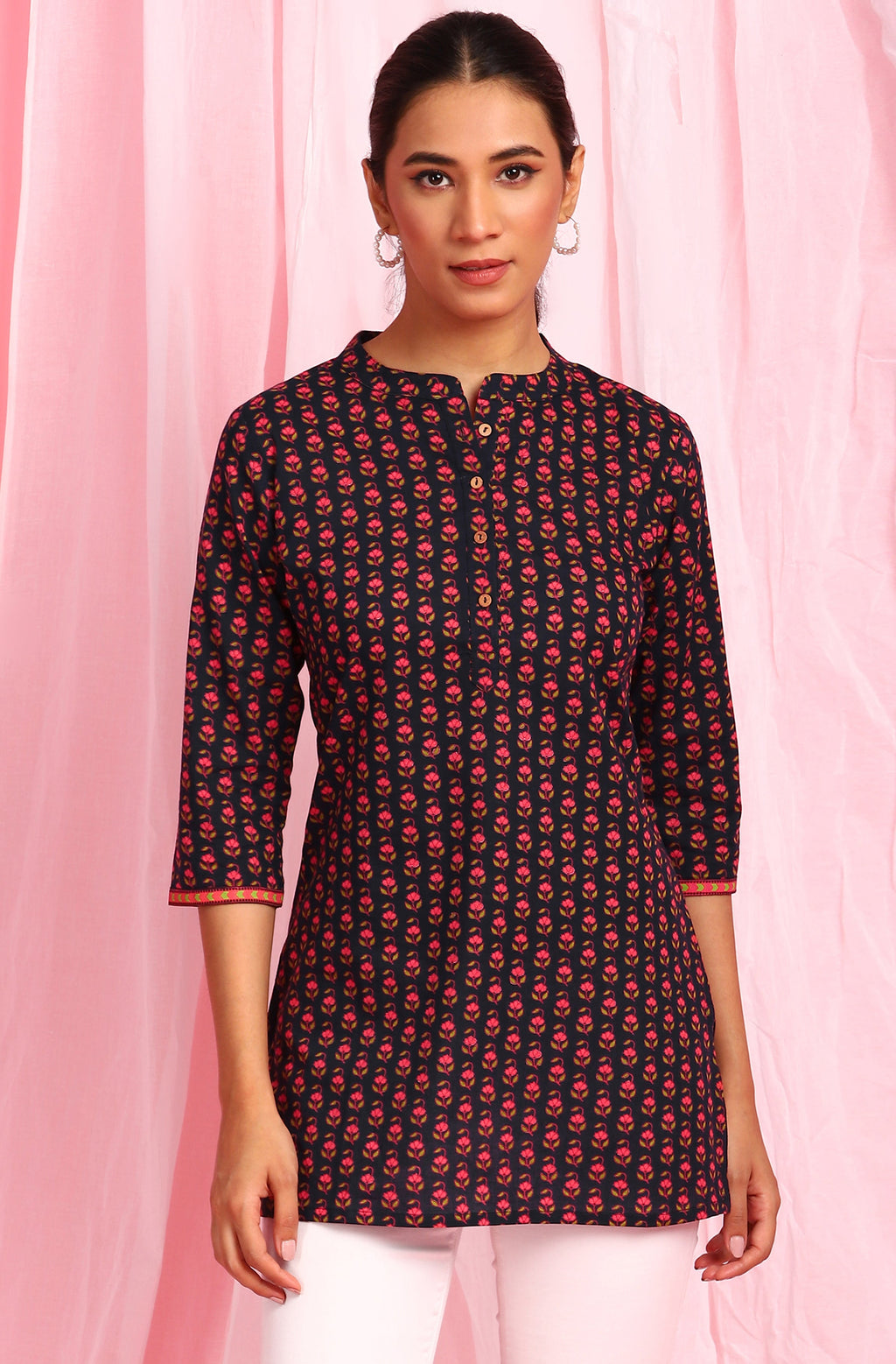 Janasya Women's Deep Blue Cotton Floral Print Straight Tunic - Distacart
