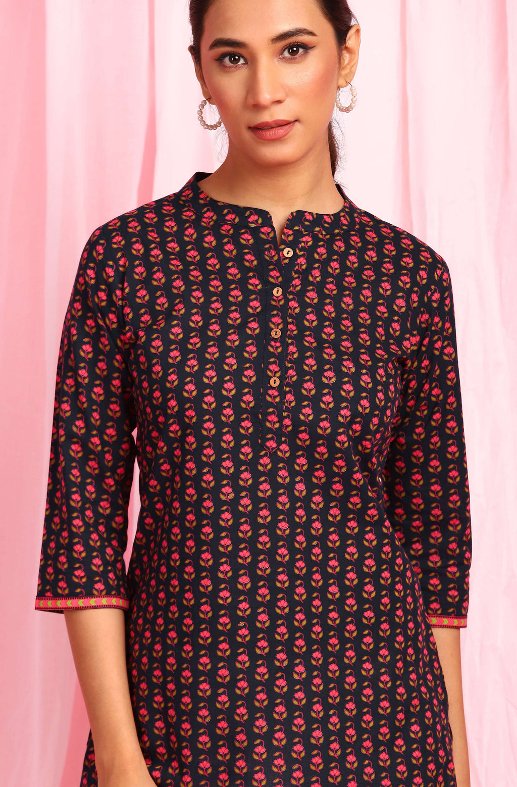Janasya Women's Deep Blue Cotton Floral Print Straight Tunic - Distacart