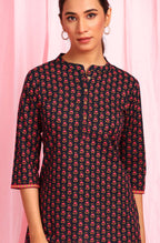 Janasya Women's Deep Blue Cotton Floral Print Straight Tunic - Distacart