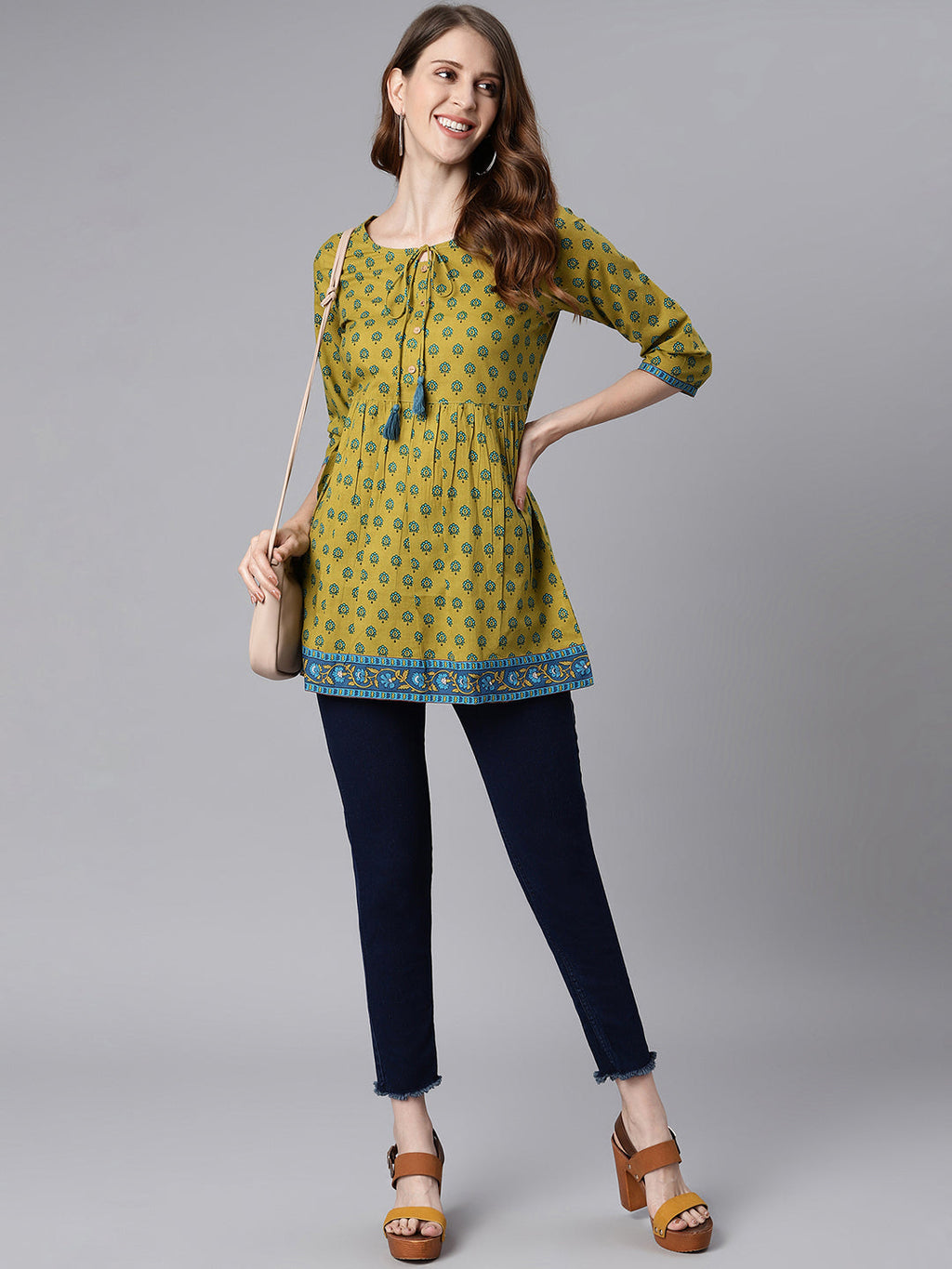 Janasya Women's Green Cotton Ethnic Motifs Empire Waist Tunic - Distacart
