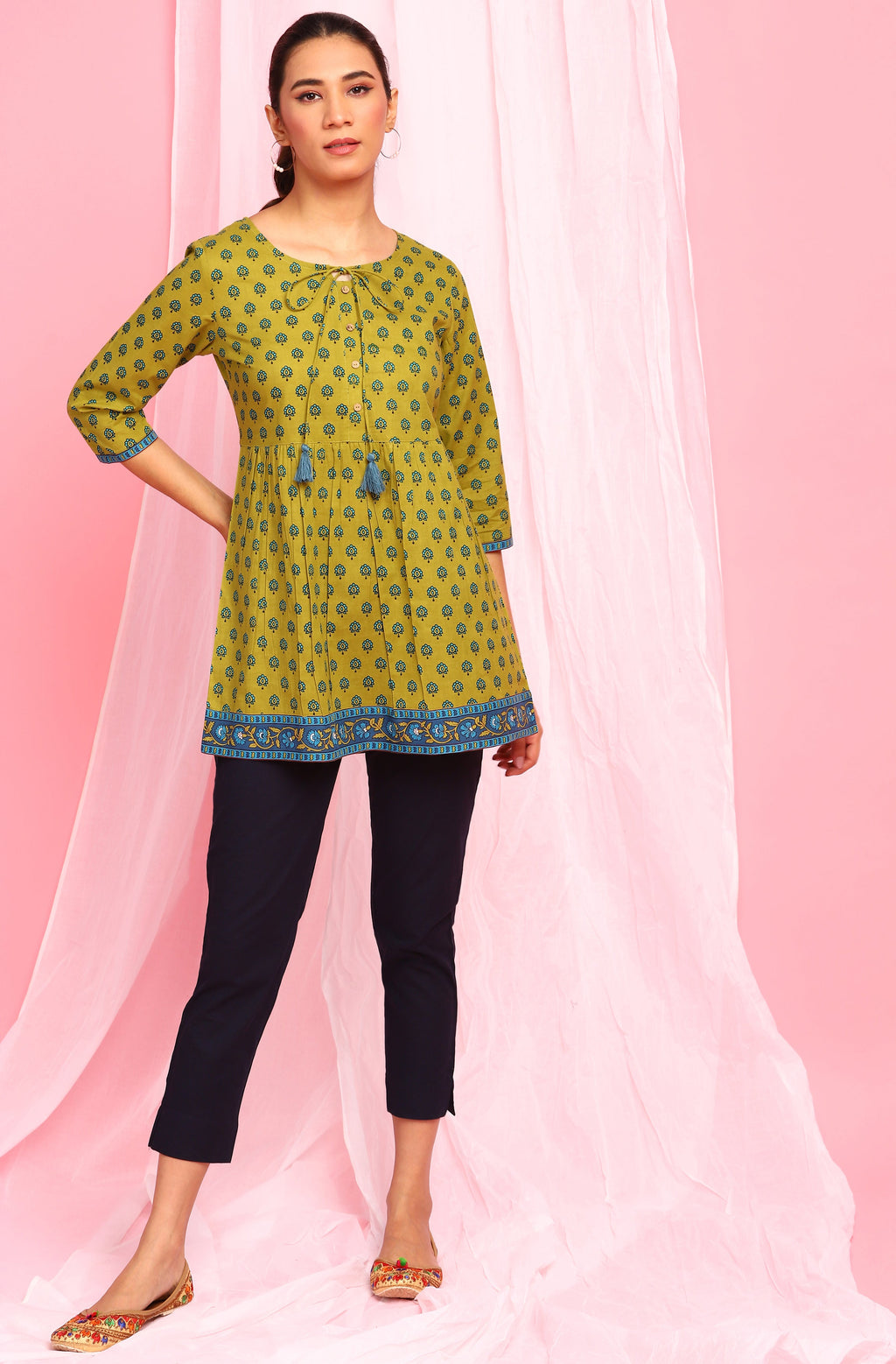 Janasya Women's Green Cotton Ethnic Motifs Empire Waist Tunic - Distacart
