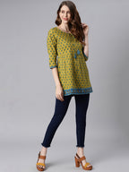 Janasya Women's Green Cotton Ethnic Motifs Empire Waist Tunic - Distacart
