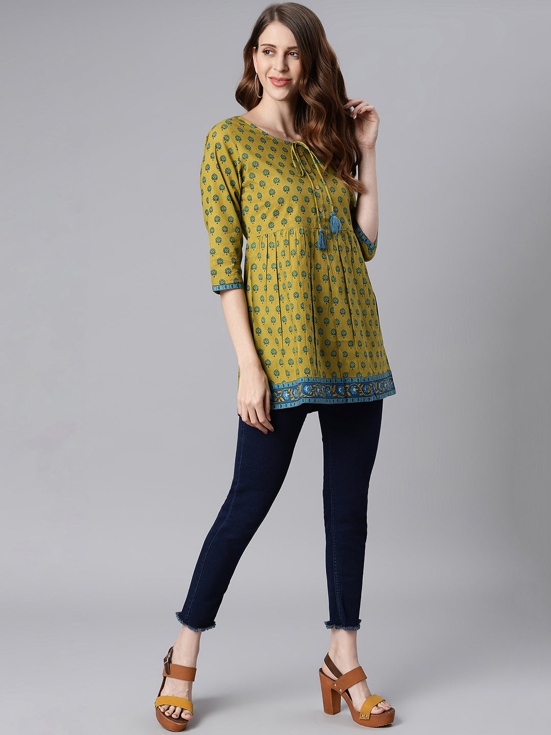 Janasya Women's Green Cotton Ethnic Motifs Empire Waist Tunic - Distacart