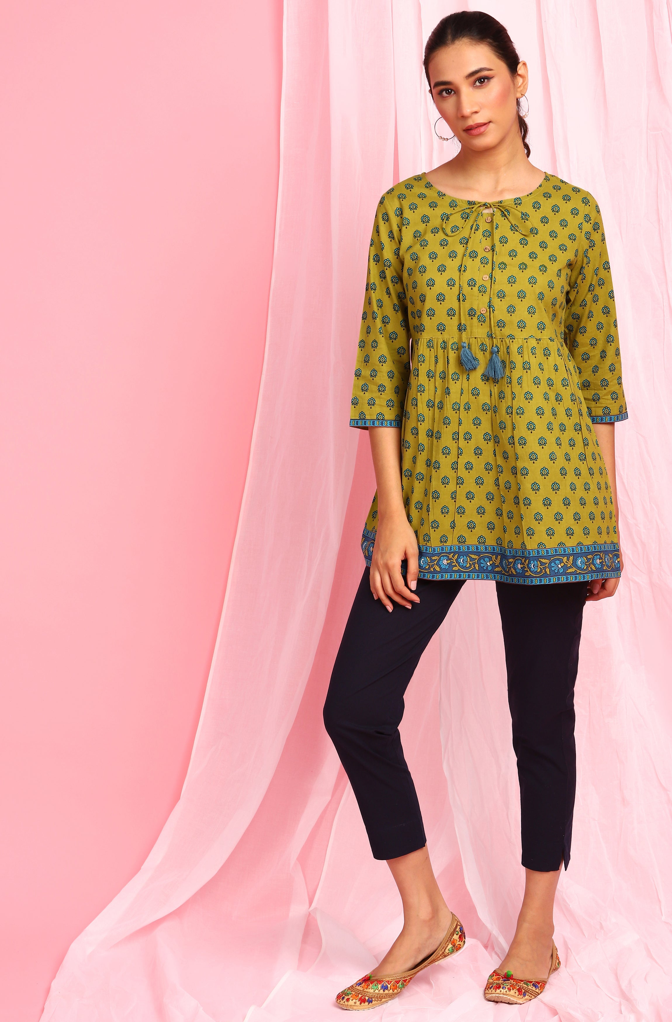 Janasya Women's Green Cotton Ethnic Motifs Empire Waist Tunic - Distacart