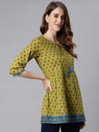 Janasya Women's Green Cotton Ethnic Motifs Empire Waist Tunic - Distacart