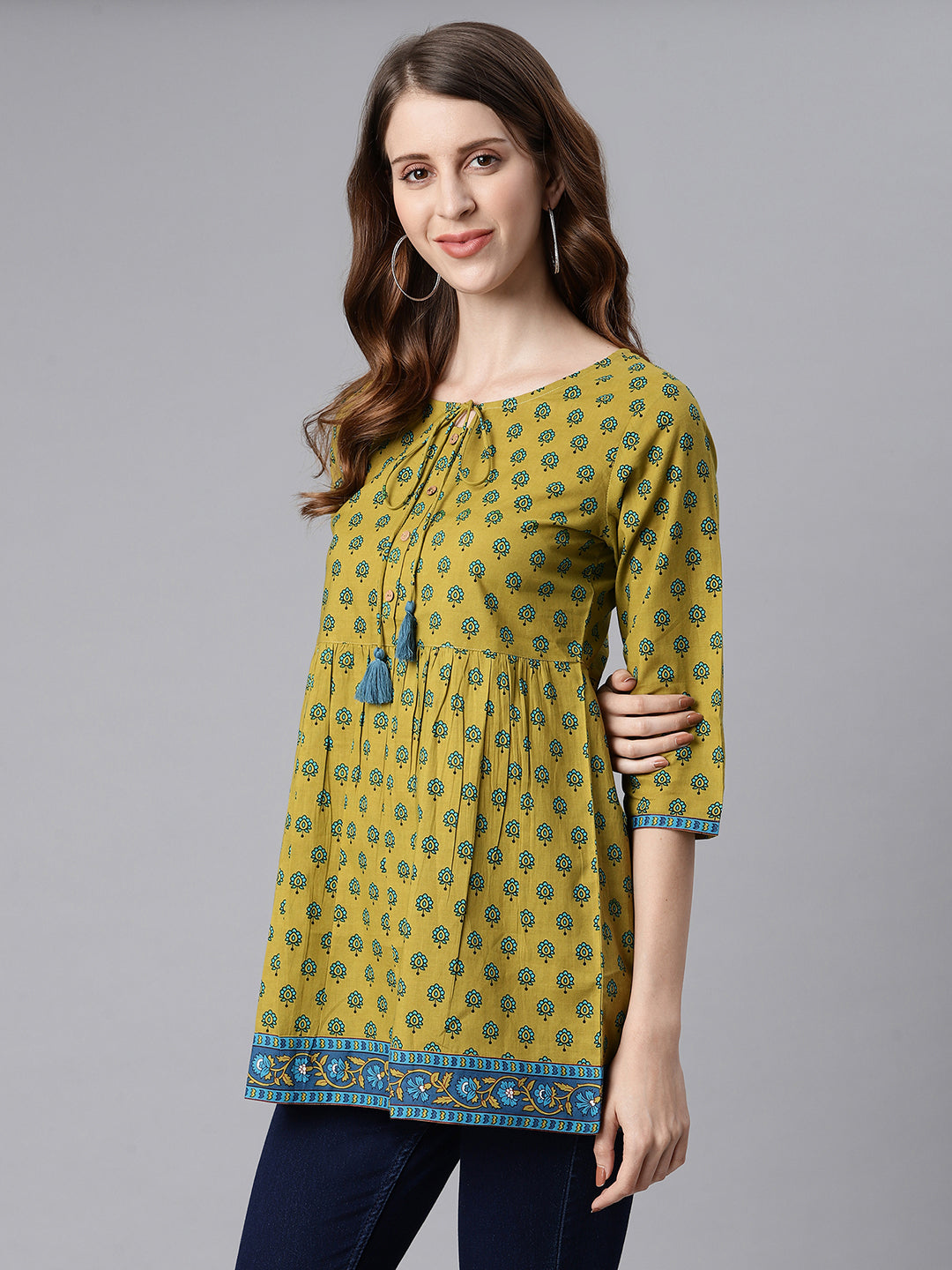 Janasya Women's Green Cotton Ethnic Motifs Empire Waist Tunic - Distacart