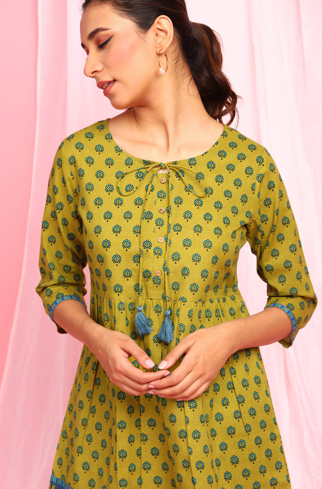 Janasya Women's Green Cotton Ethnic Motifs Empire Waist Tunic - Distacart
