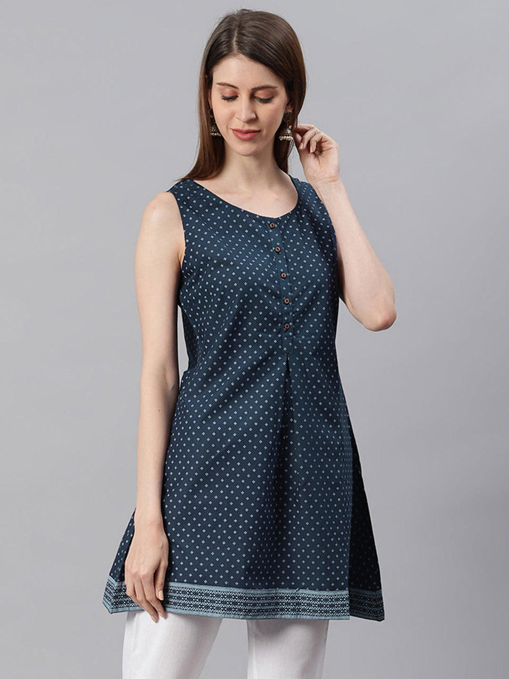 Janasya Women's Navy Blue Cotton Floral Print A-Line Tunic - Distacart