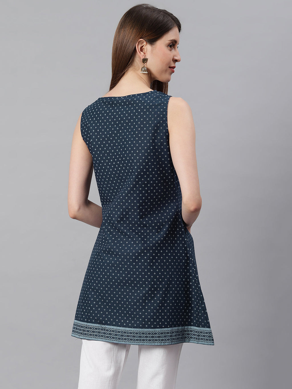 Janasya Women's Navy Blue Cotton Floral Print A-Line Tunic - Distacart