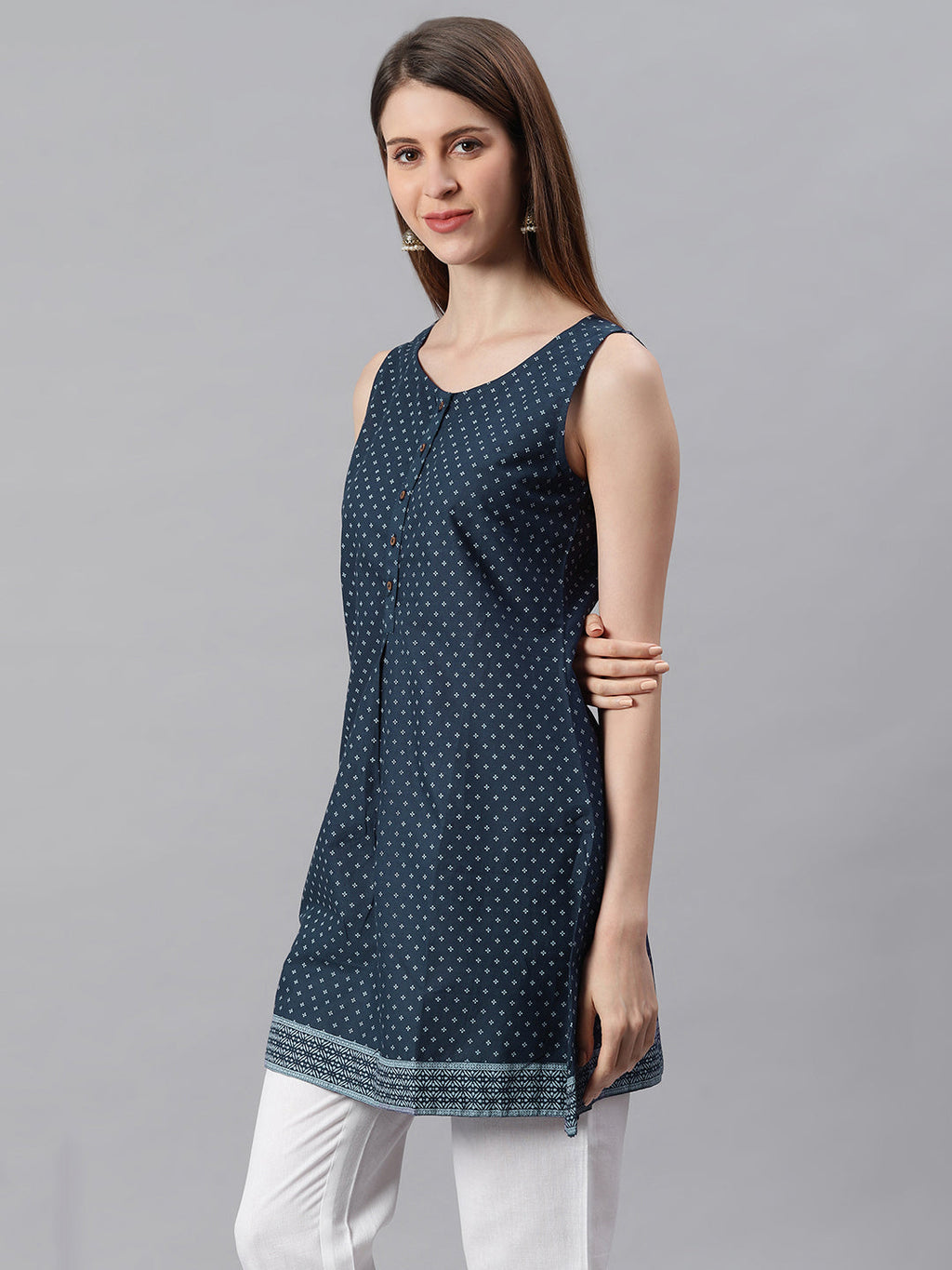 Janasya Women's Navy Blue Cotton Floral Print A-Line Tunic - Distacart