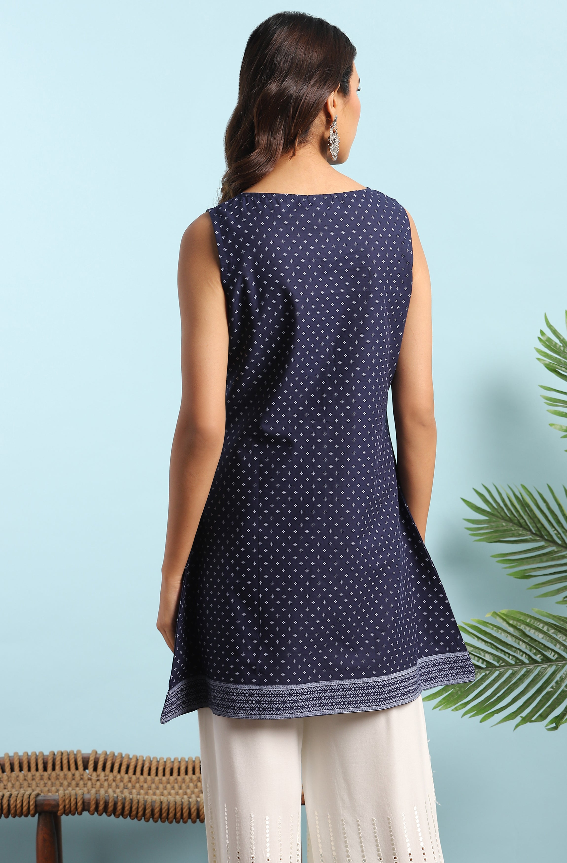 Janasya Women's Navy Blue Cotton Floral Print A-Line Tunic - Distacart