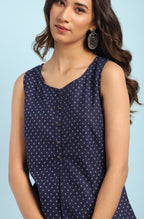 Janasya Women's Navy Blue Cotton Floral Print A-Line Tunic - Distacart