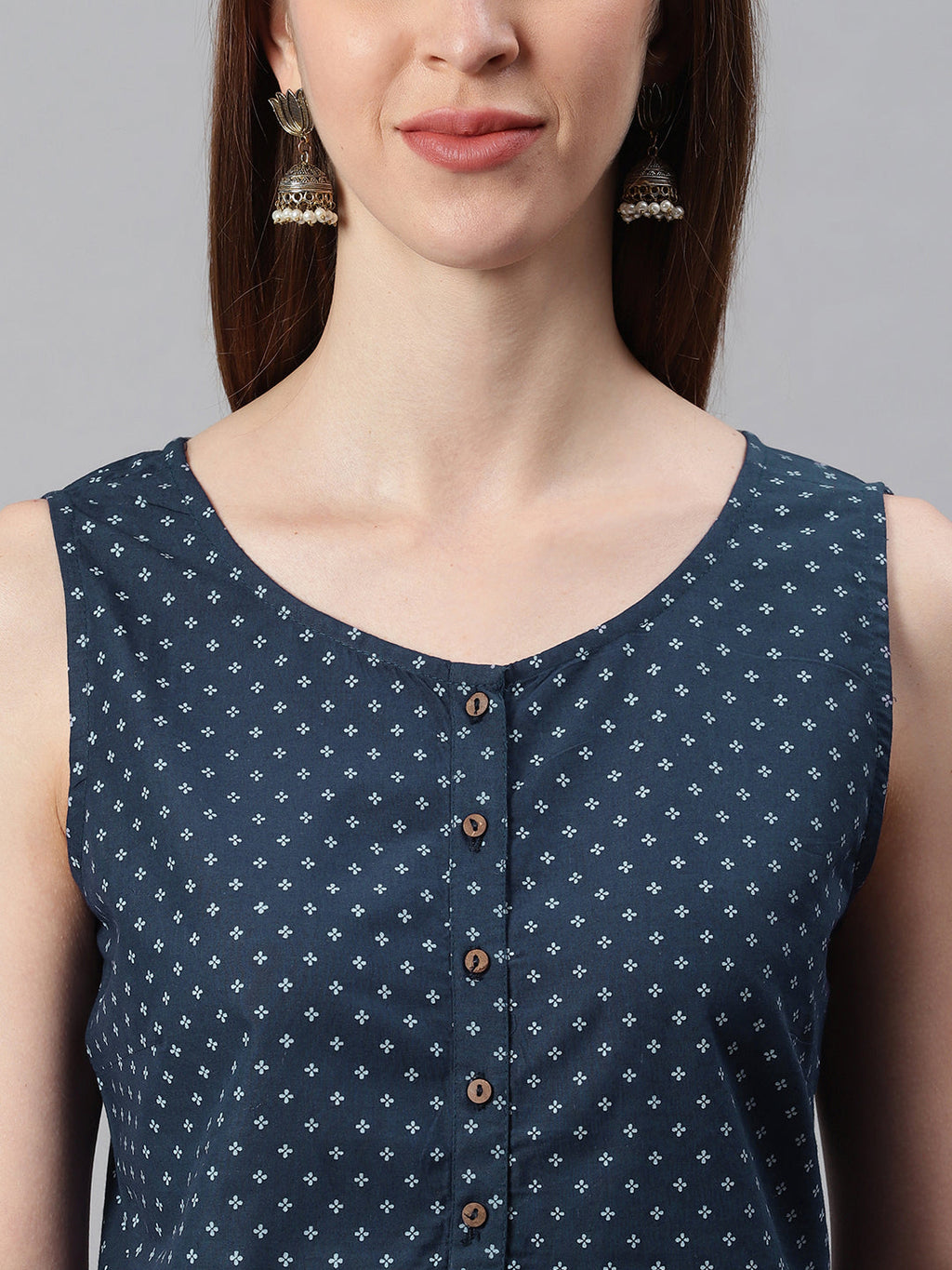 Janasya Women's Navy Blue Cotton Floral Print A-Line Tunic - Distacart