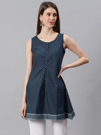 Janasya Women's Navy Blue Cotton Floral Print A-Line Tunic - Distacart