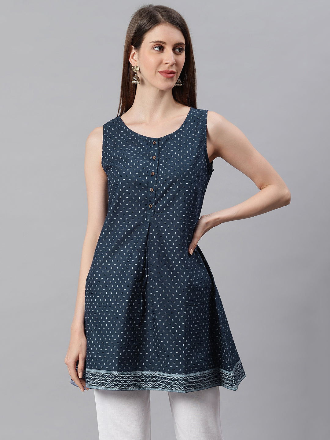 Janasya Women's Navy Blue Cotton Floral Print A-Line Tunic - Distacart