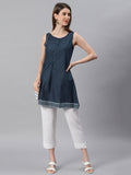 Janasya Women's Navy Blue Cotton Floral Print A-Line Tunic - Distacart