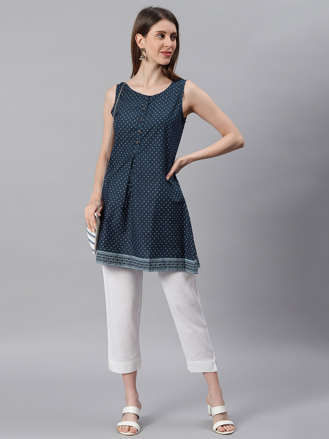 Janasya Women's Navy Blue Cotton Floral Print A-Line Tunic - Distacart