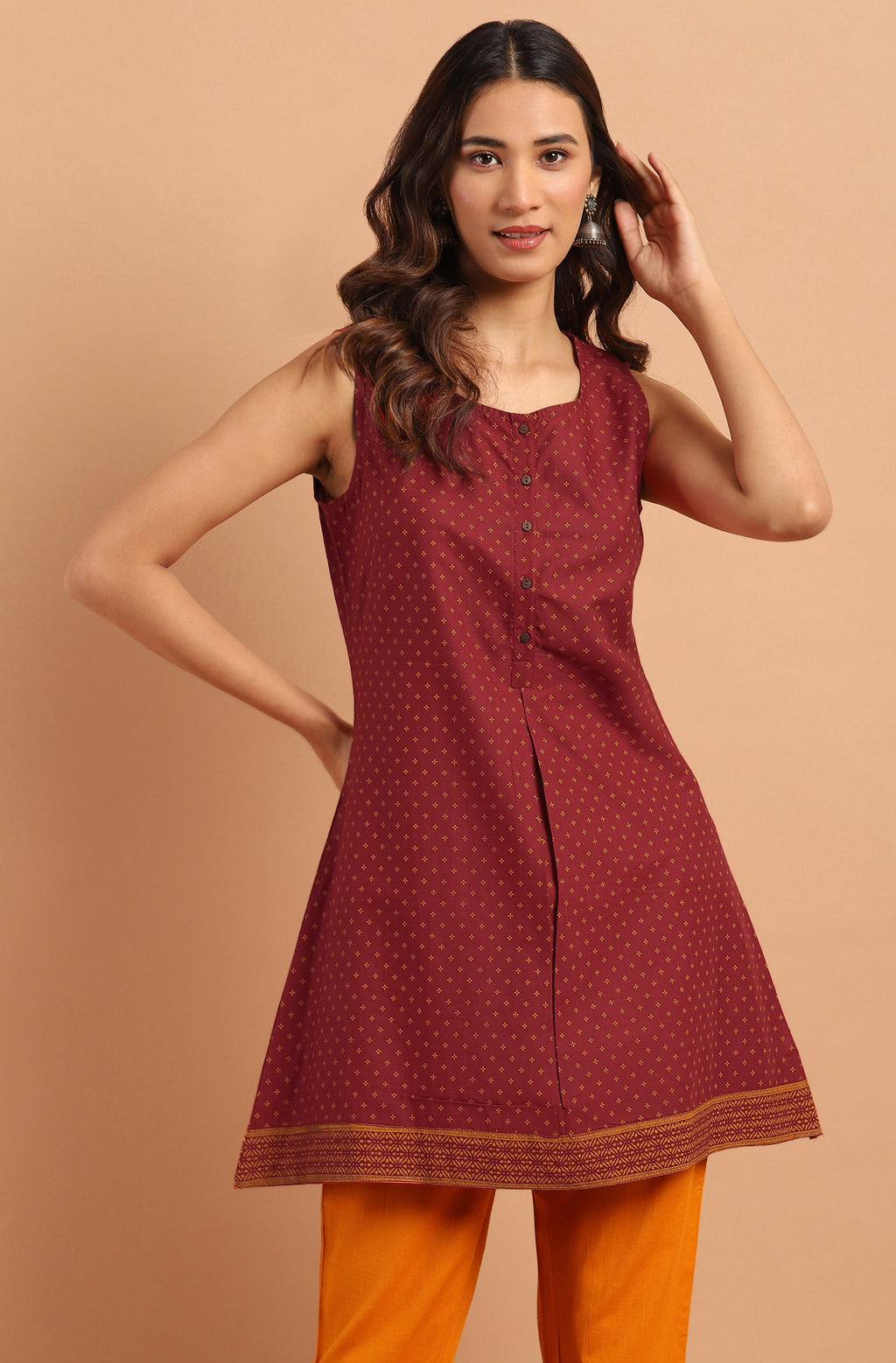 Janasya Women's Maroon Cotton Floral Print A-Line Tunic - Distacart