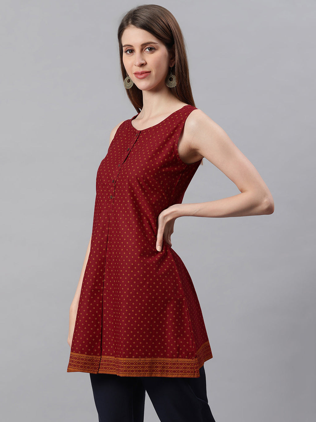 Janasya Women's Maroon Cotton Floral Print A-Line Tunic - Distacart