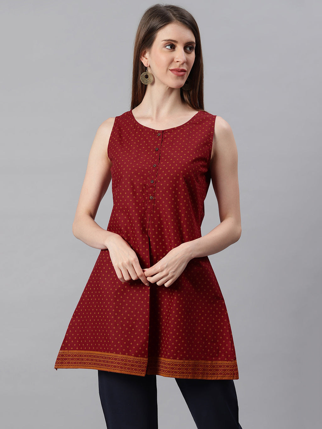 Janasya Women's Maroon Cotton Floral Print A-Line Tunic - Distacart