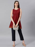 Janasya Women's Maroon Cotton Floral Print A-Line Tunic - Distacart