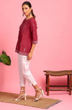 Janasya Women's Maroon Cotton Embroidered Trapeze Tunic - Distacart