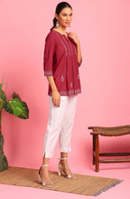 Janasya Women's Maroon Cotton Embroidered Trapeze Tunic - Distacart