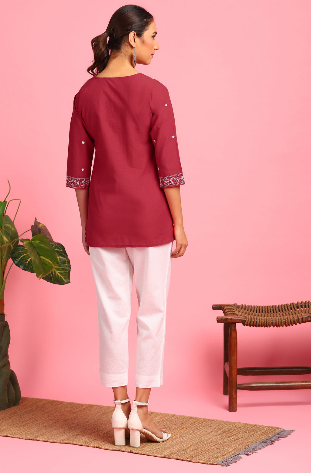 Janasya Women's Maroon Cotton Embroidered Trapeze Tunic - Distacart